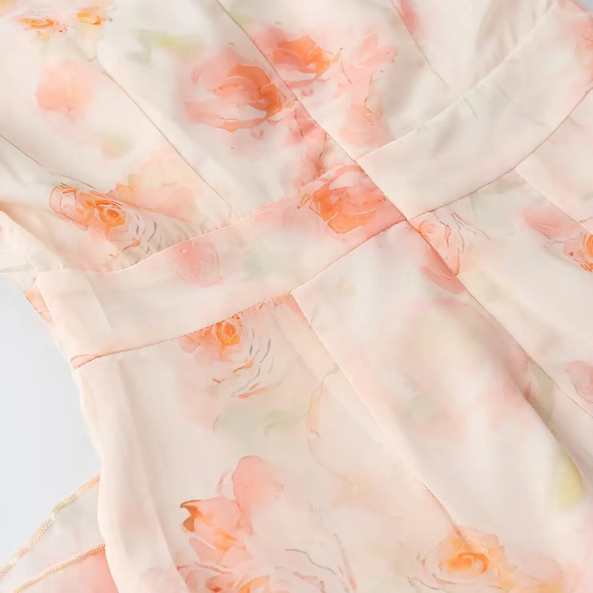 Close-up of waist seam and printed chiffon fabric detail