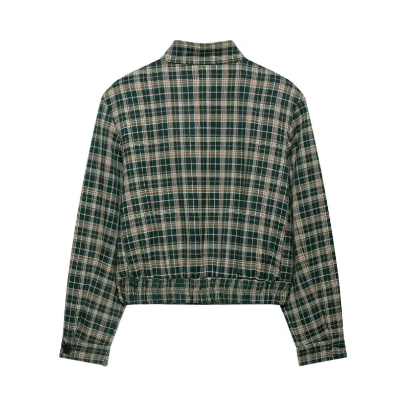 Plaid check button front elastic hem jacket flat lay, back view