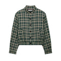 Plaid check button front elastic hem jacket flat lay, front view