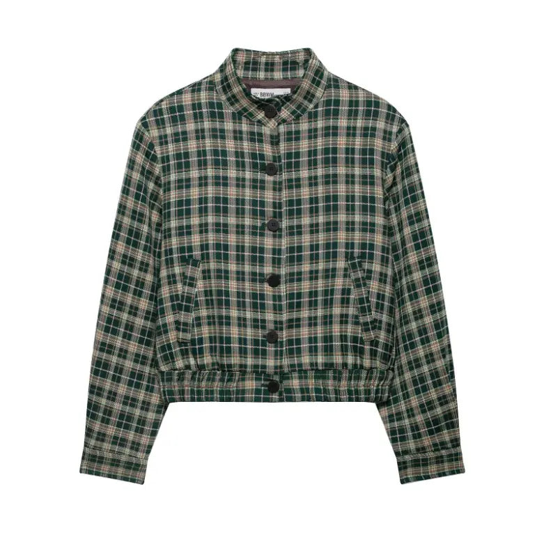 Plaid check button front elastic hem jacket flat lay, front view