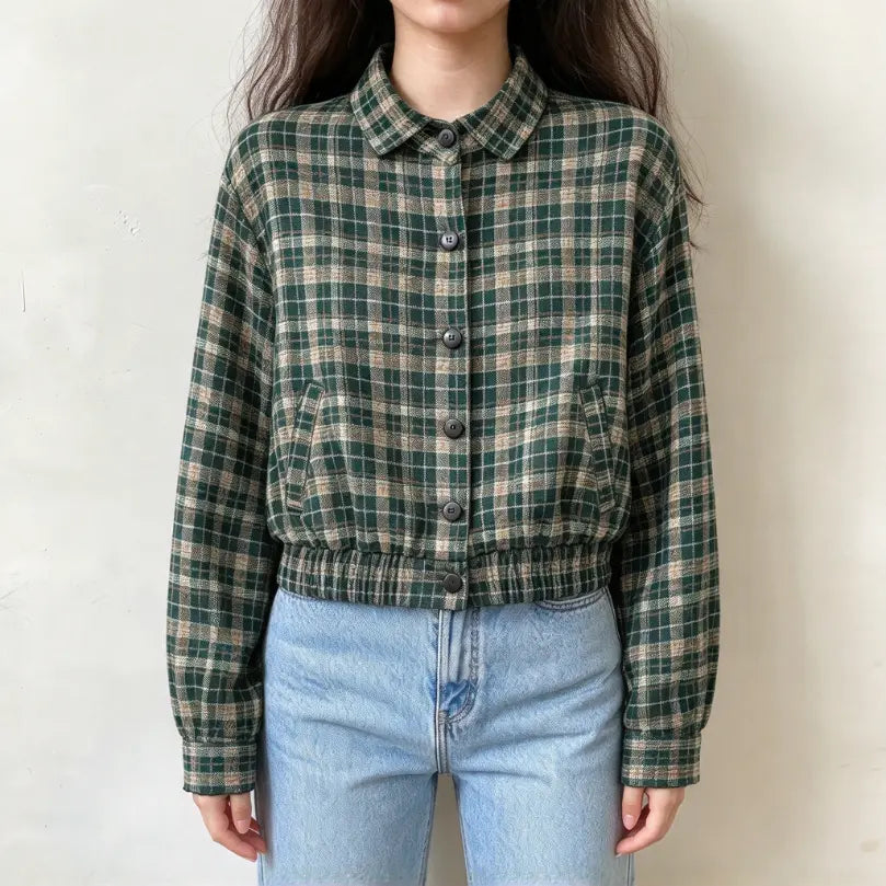 Model wearing plaid check button front elastic hem jacket with jeans, front view