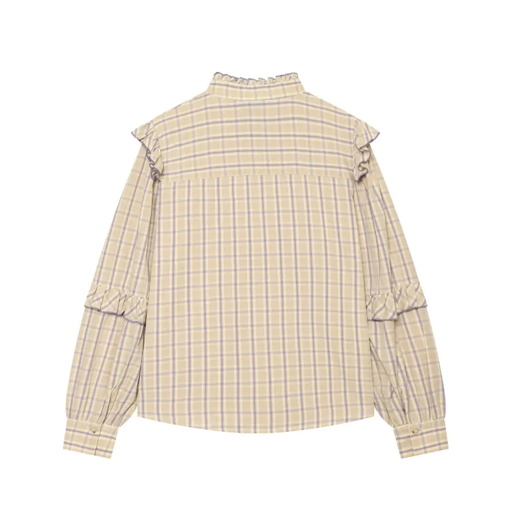 Plaid ruffle tie neck long sleeve blouse, back flat lay