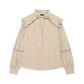 Plaid ruffle tie neck long sleeve blouse, front flat lay