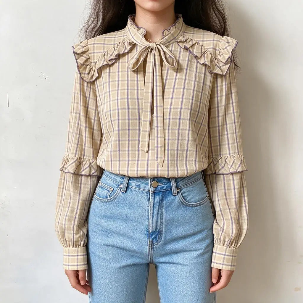 Model wearing plaid ruffle tie neck long sleeve blouse, front view