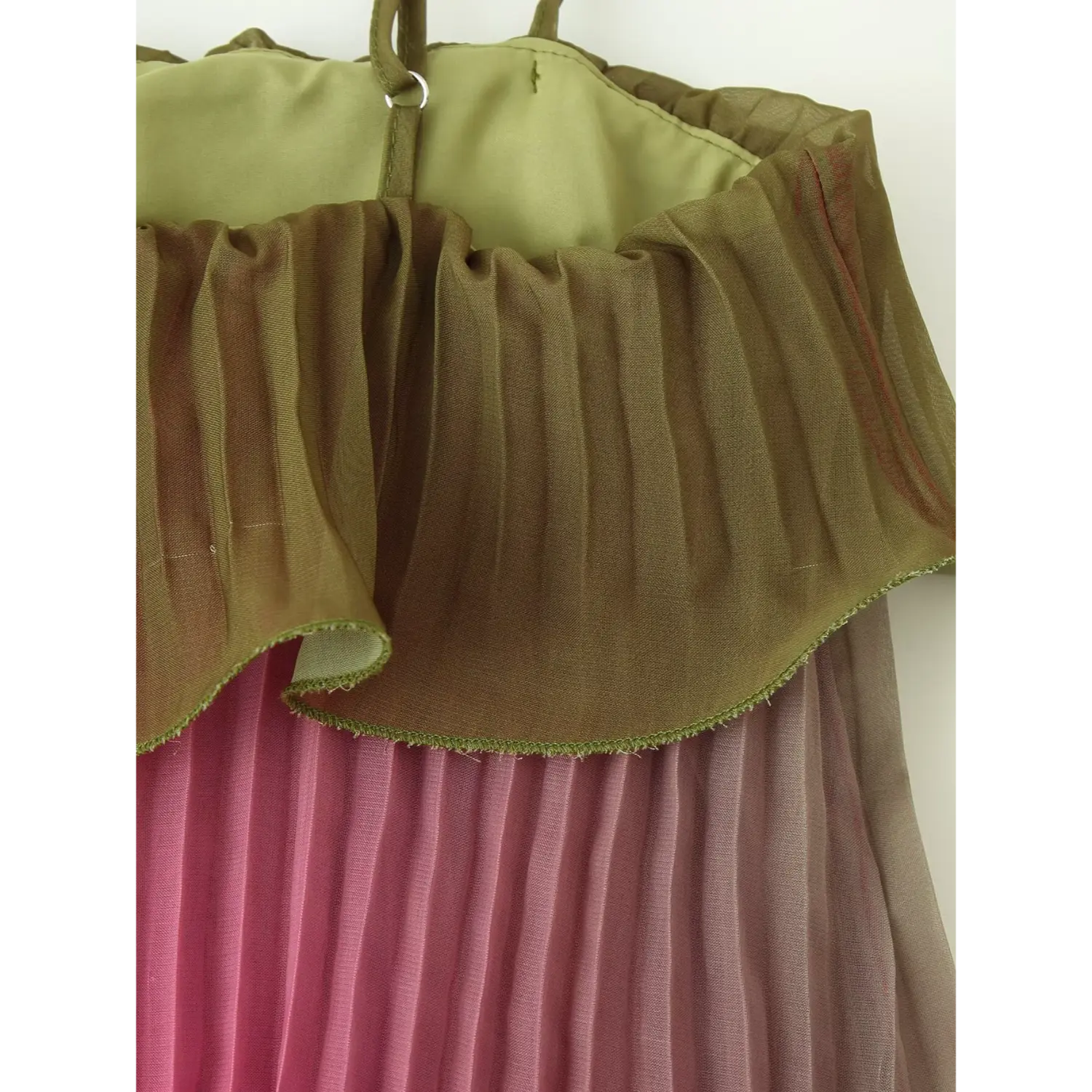 Back neck buckle detail, inner lining of olive pink gradient chiffon maxi dress