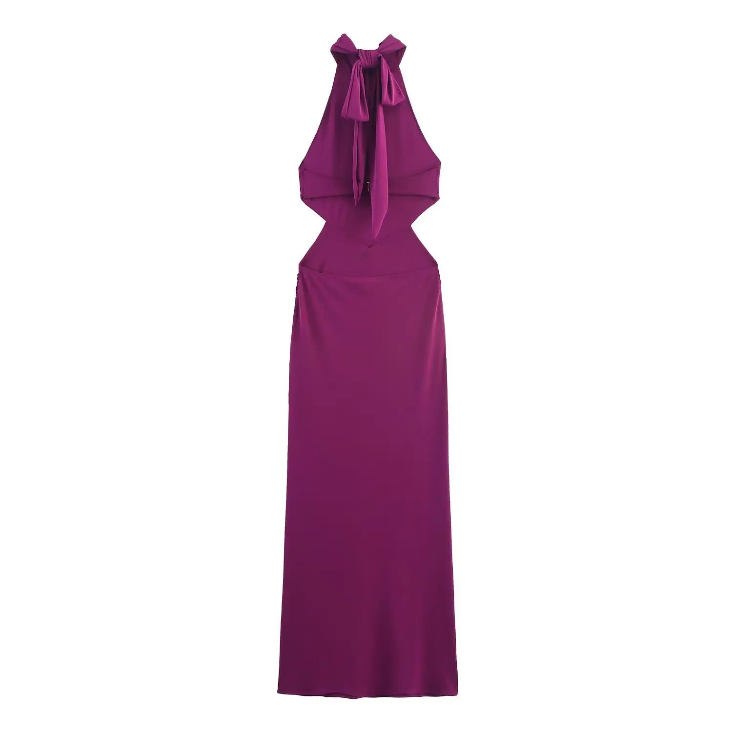 Women plum halter cutout midi dress, back flat‑lay view, halter tie‑bow and open back design