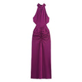 Women plum halter cutout midi dress, front flat‑lay view, waist ruched bodycon long dress