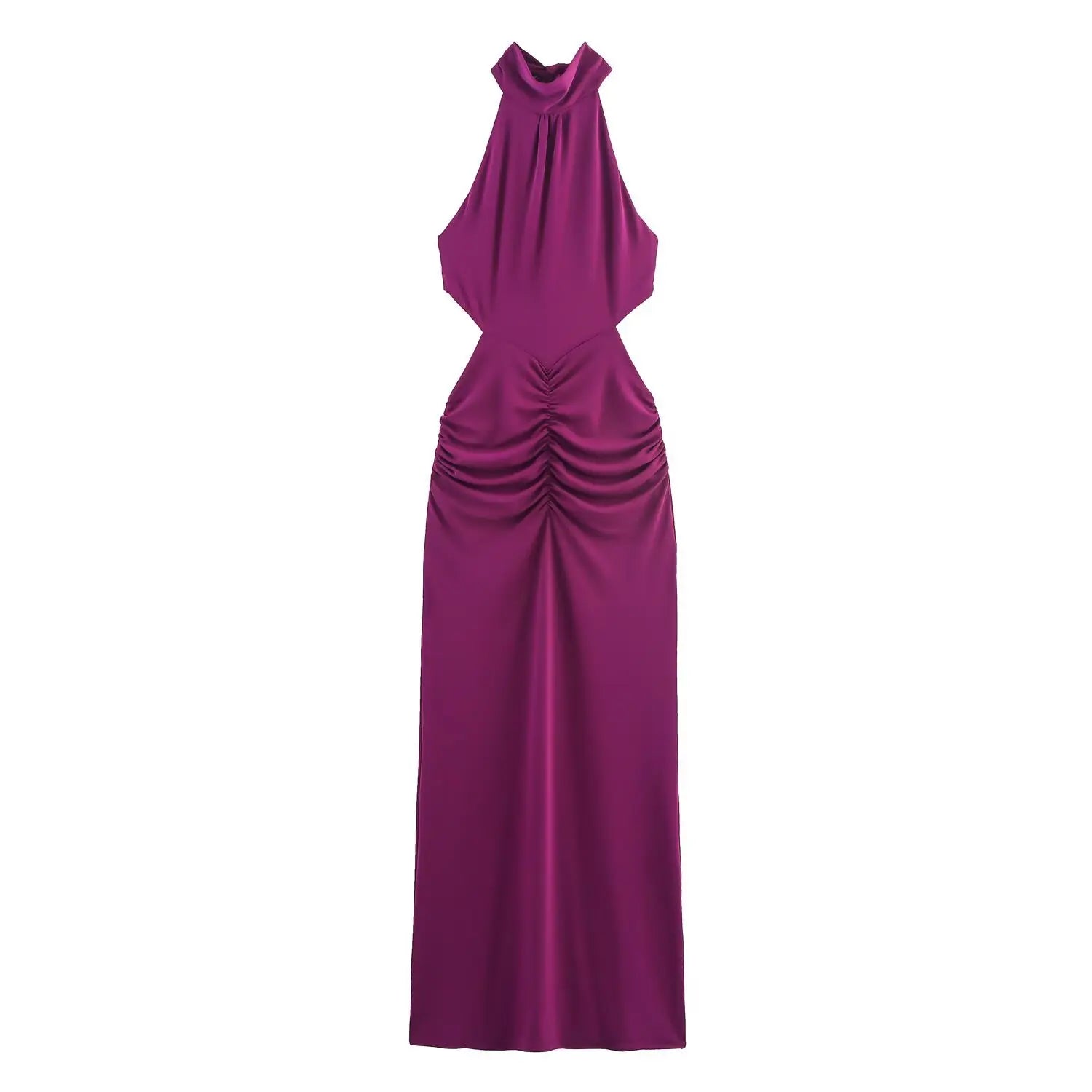 Women plum halter cutout midi dress, front flat‑lay view, waist ruched bodycon long dress