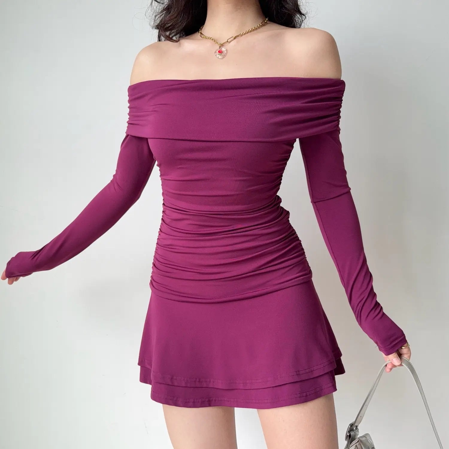 Plum fold over off shoulder long sleeve mini dress, waist ruched double layer flare skirt slim going out women dress