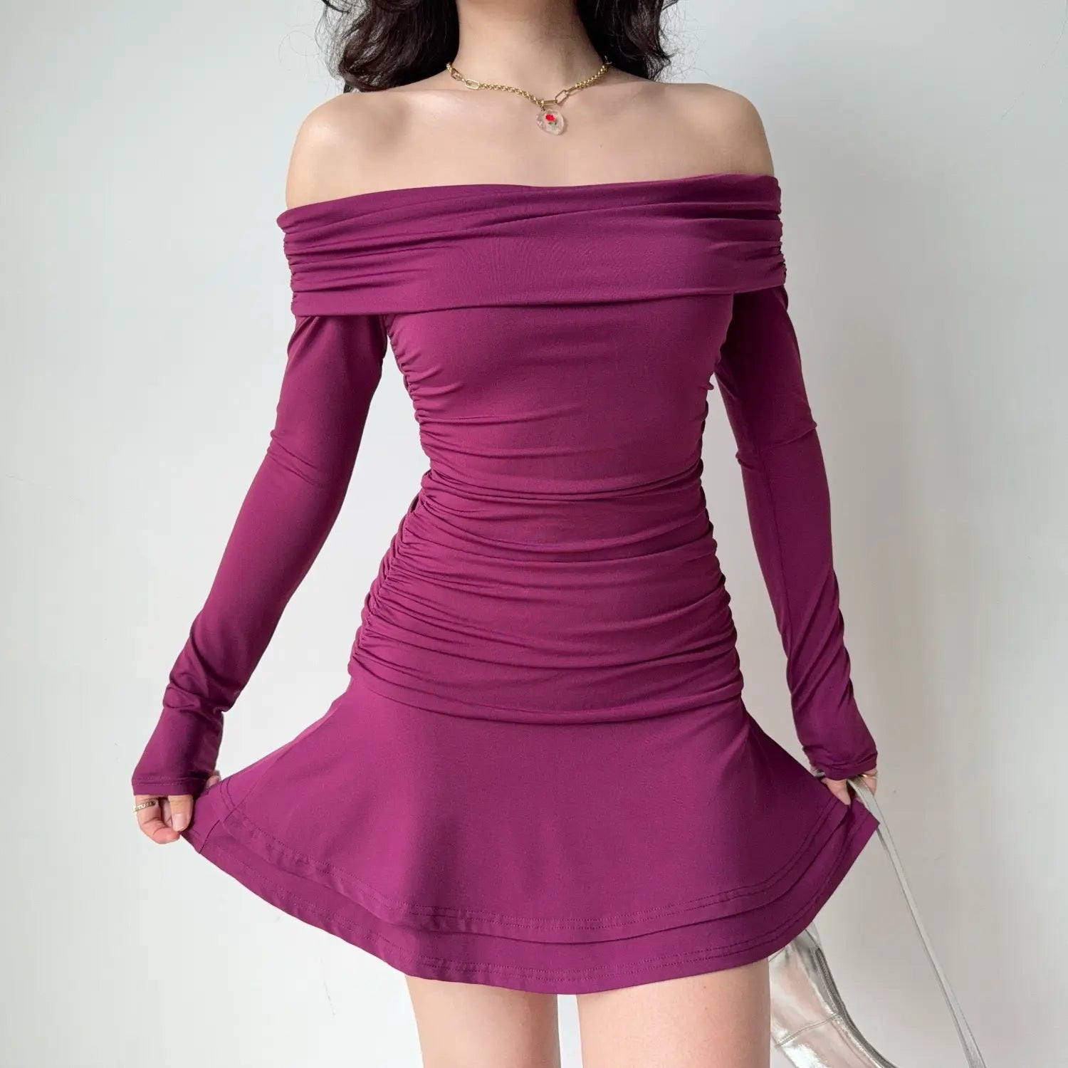 Detail styling plum off shoulder long sleeve dress, double layered flare skirt ruched waist slim stretch women mini dress