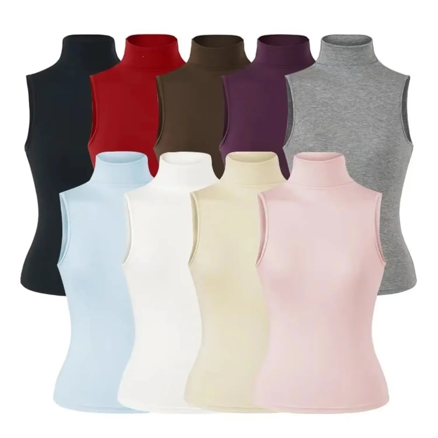 Color palette collage of women sleeveless turtleneck tank top, multiple solid color options, slim fit ribbed knit vest