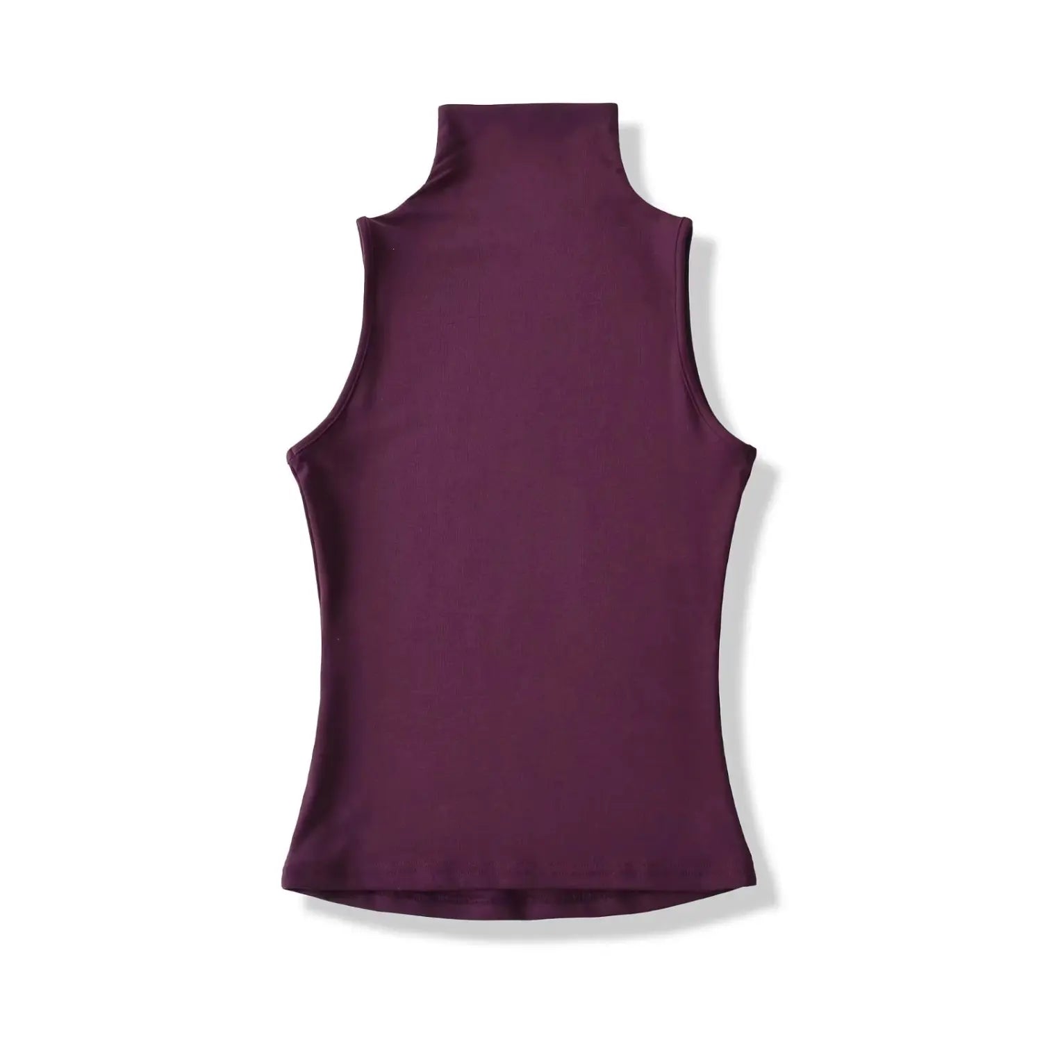 Flat lay back view, plum purple sleeveless turtleneck tank top, simple seamless back cut