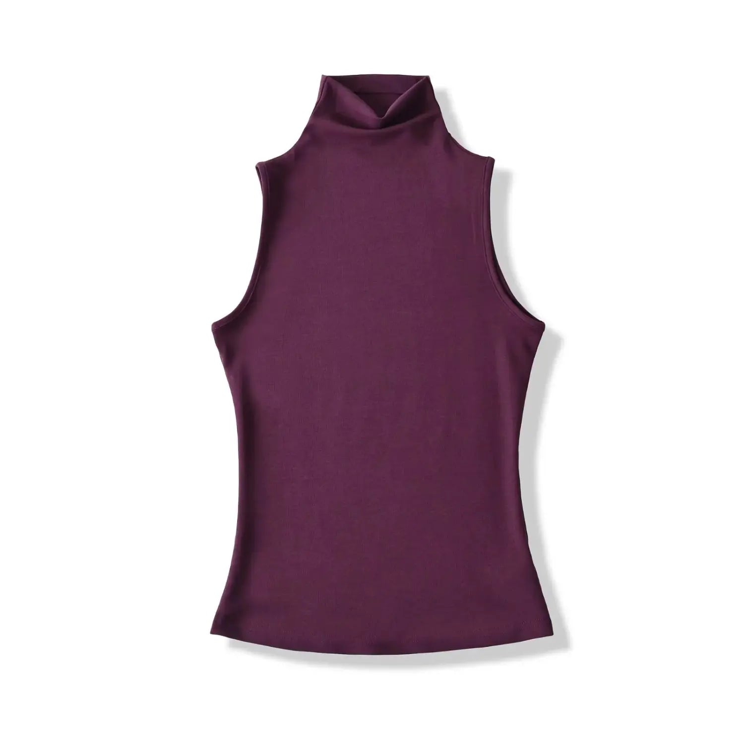 Flat lay front view, plum purple sleeveless turtleneck tank top, stretch ribbed knit fabric, bodycon silhouette