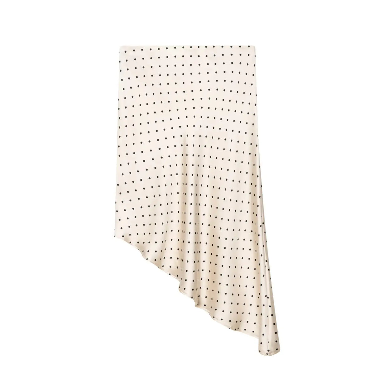 Back flat lay of polka dot asymmetric handkerchief hem midi skirt