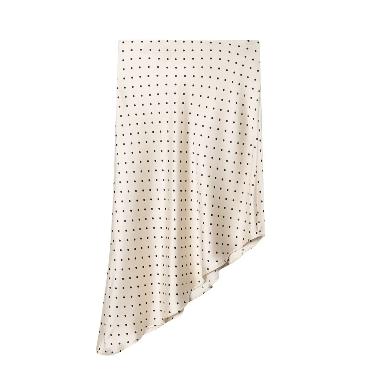 Front flat lay of polka dot asymmetric handkerchief hem midi skirt