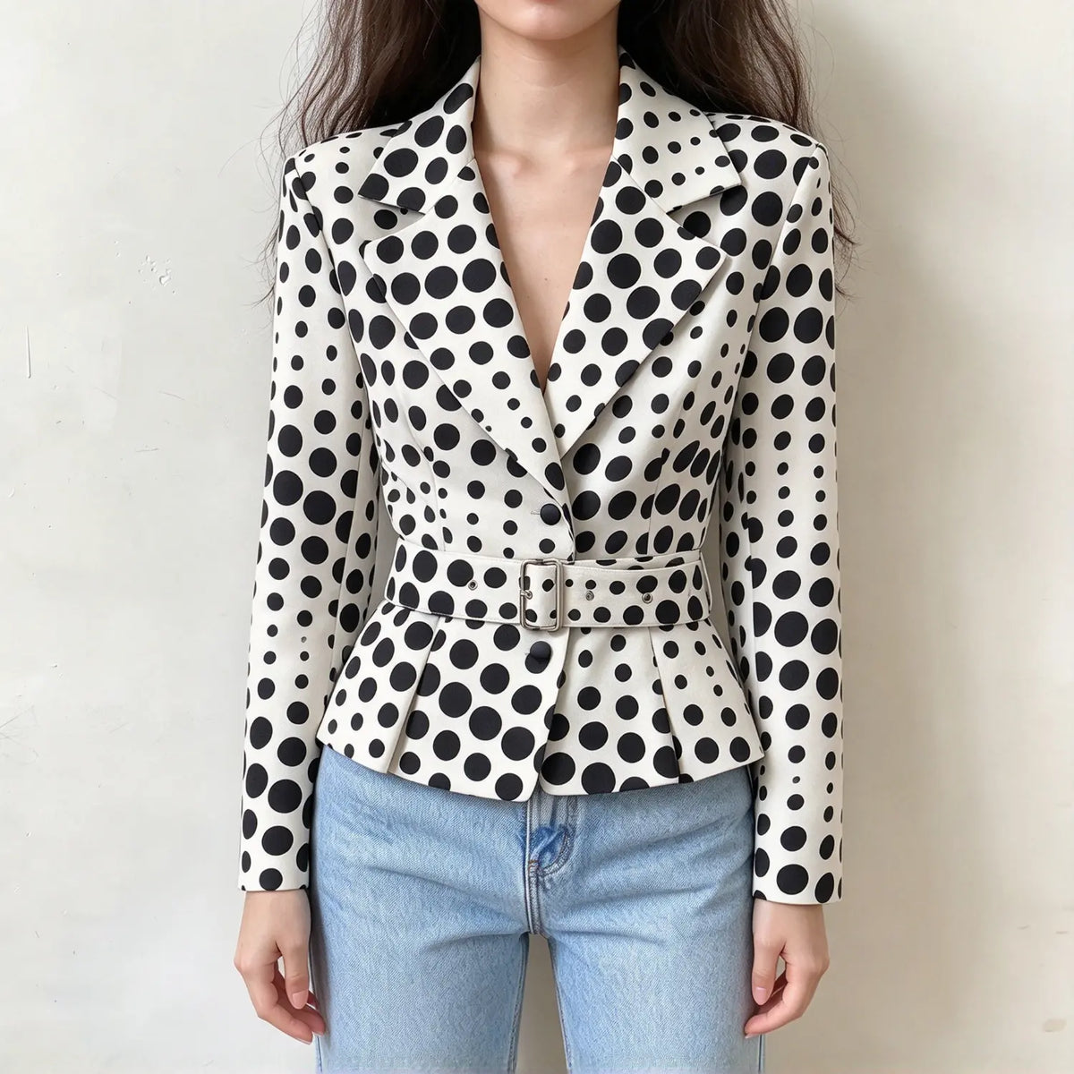 Model wearing polka dot belted peplum blazer, front view