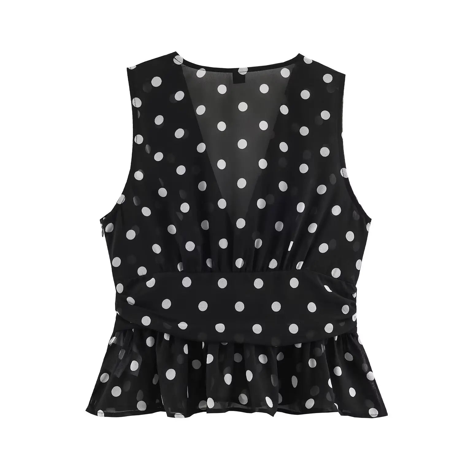 Complete back flat lay shot, solid polka dot chiffon, round crew back neck, side hidden zipper