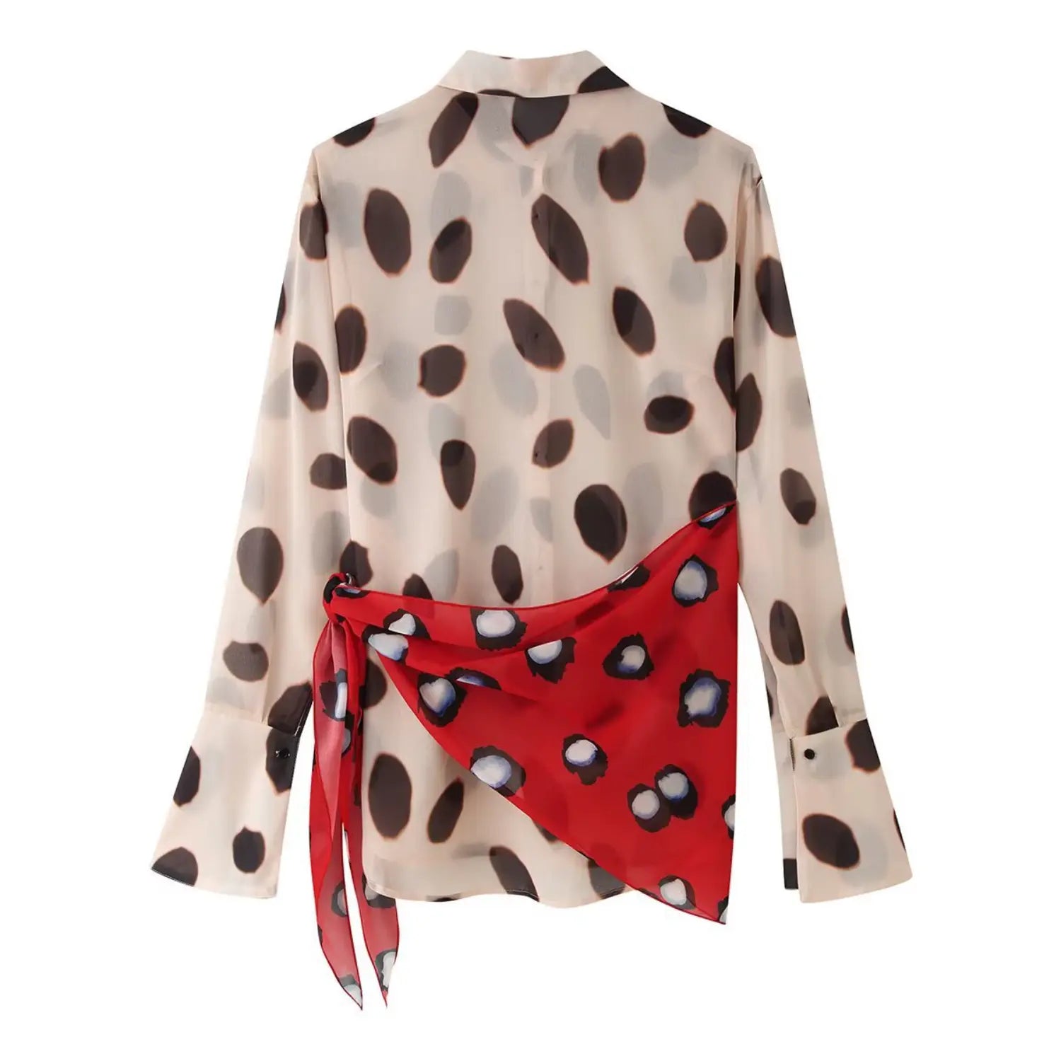 Two-tone polka dot sheer shirt back shot, matching red printed side wrap tie detail, lightweight chiffon fabric