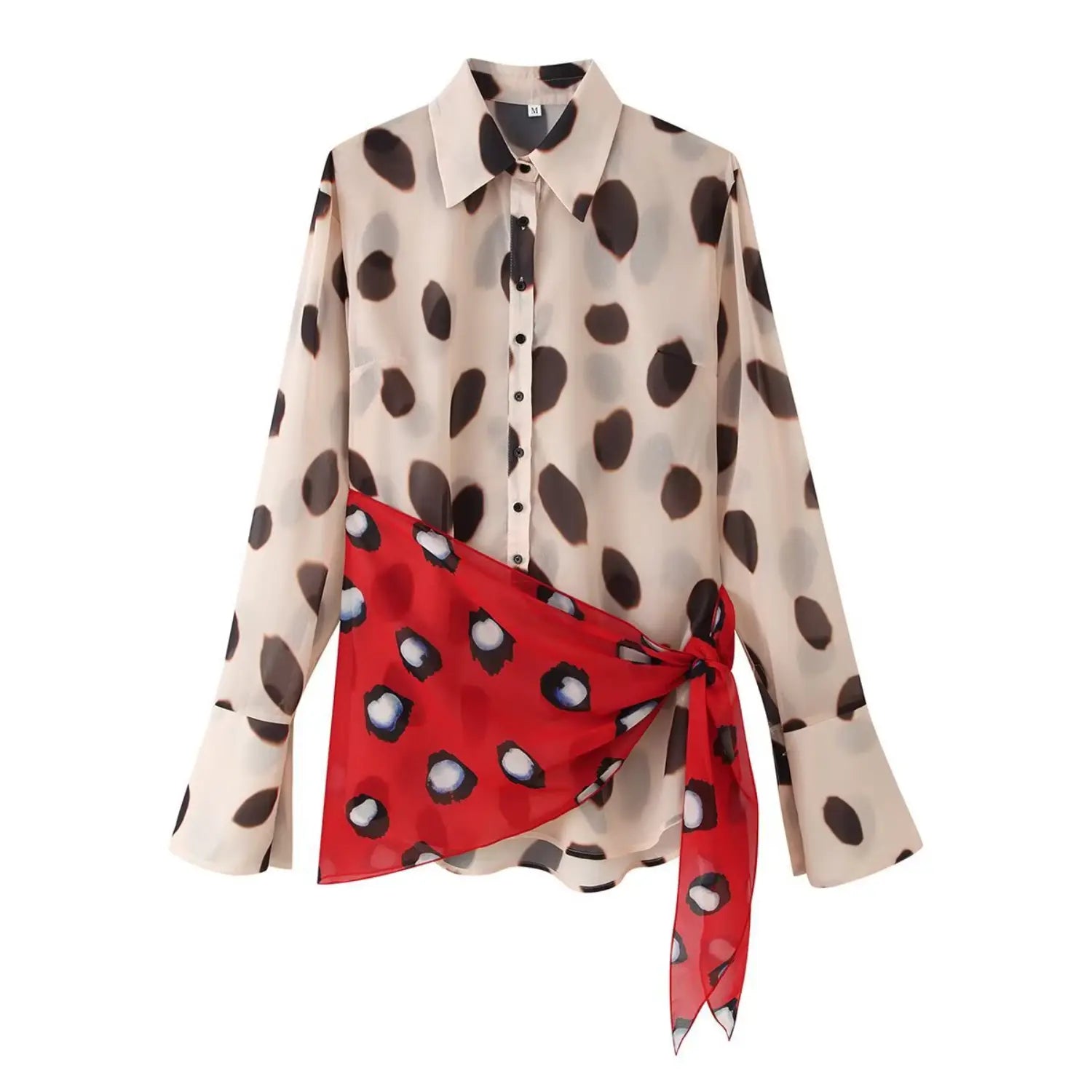 Beige watercolor dot print chiffon shirt front view with red polka dot wrap tie sash, long flared sleeve collared blouse