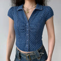 Front lifestyle full shot on model, pointed lapel collar, cap puff short sleeves, front bust ruching & button placket, fitted cropped waist, matched with matching denim bottoms, vintage retro daily collocation