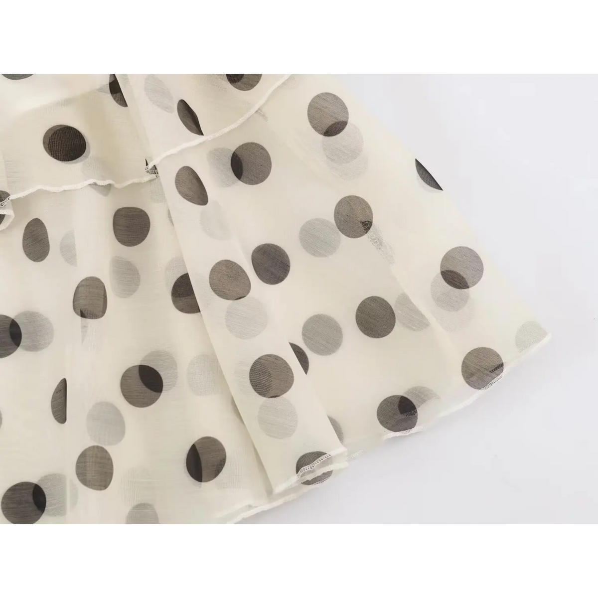 Close-up of polka dot fabric with white lockstitch hem and soft folds