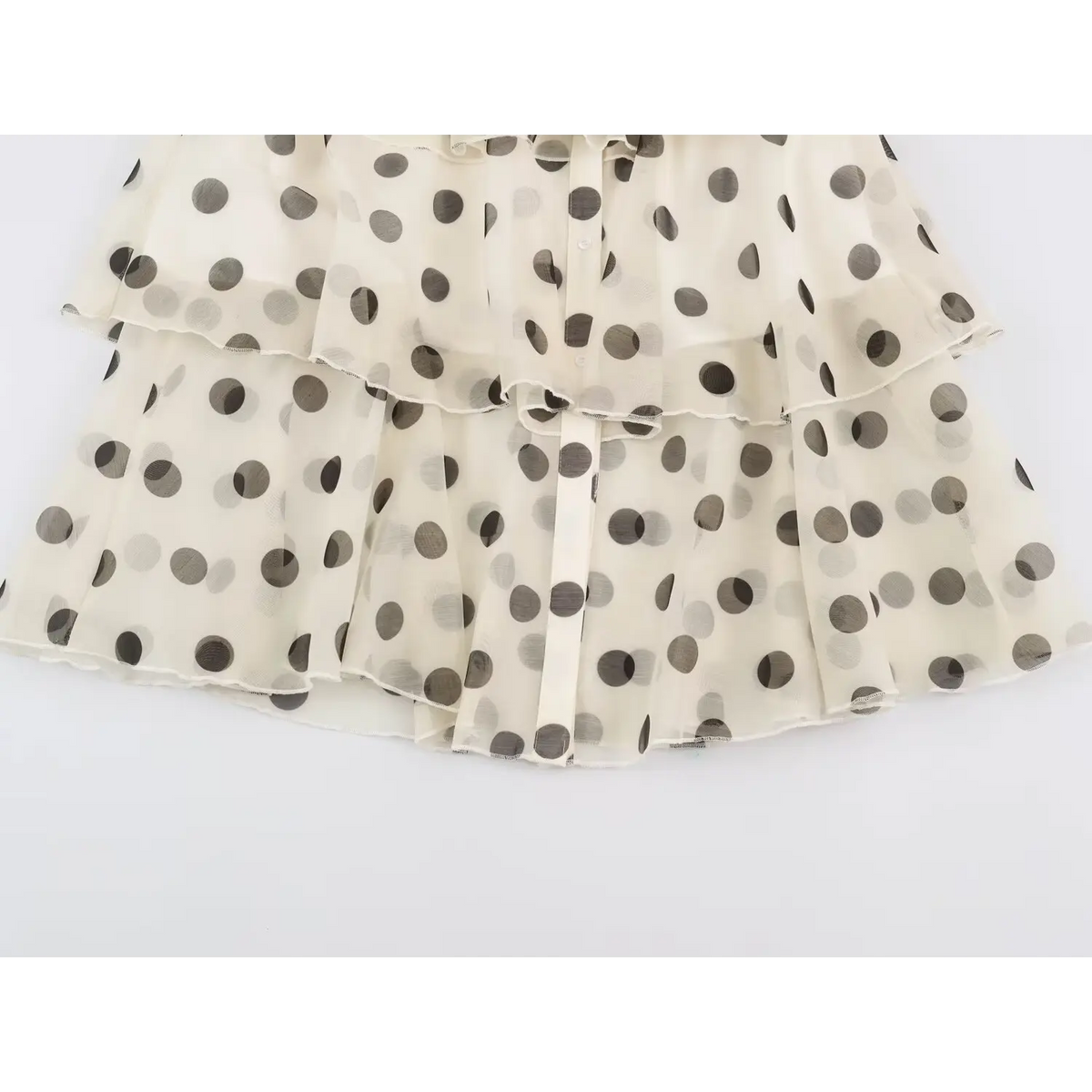 Close-up of layered ruffle tiers with white button placket on polka dot dress
