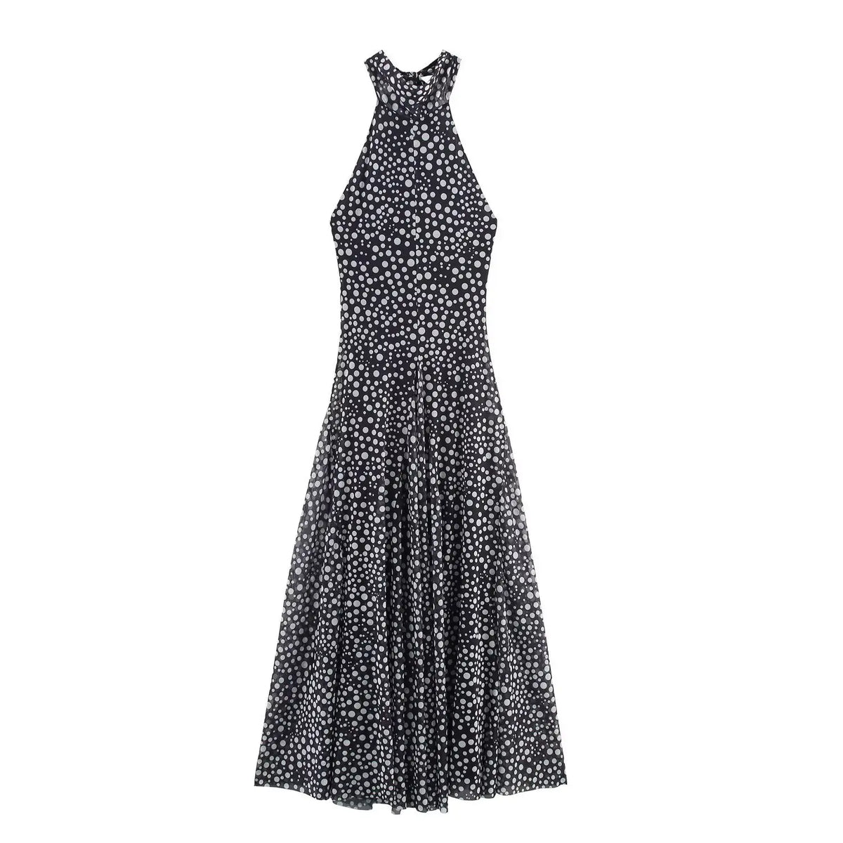 Polka dot halter neck maxi dress front view on white background, black mesh with white polka dots, fitted bodice and sweeping flared skirt