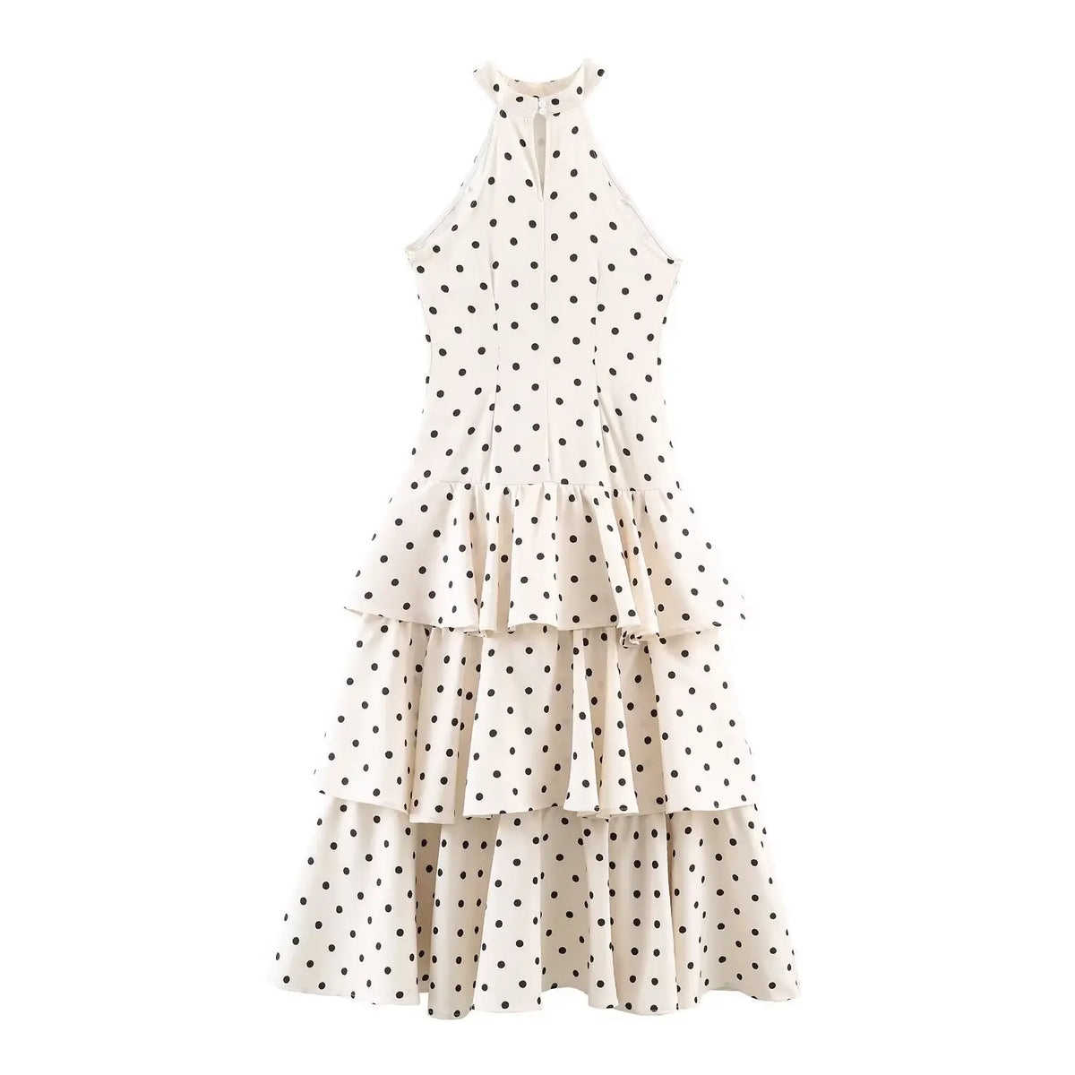 Back flat lay of polka dot halter neck tiered ruffle midi dress