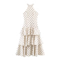 Front flat lay of polka dot halter neck tiered ruffle midi dress