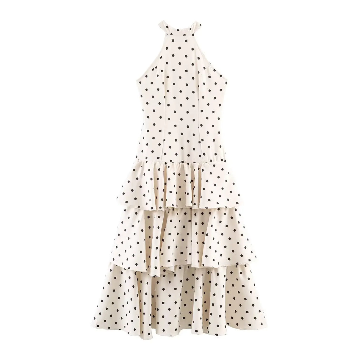 Front flat lay of polka dot halter neck tiered ruffle midi dress