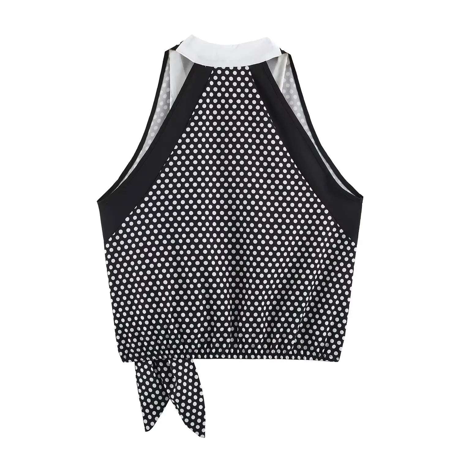 Complete top back flat lay shot, solid polka dot fabric, stand halter neck back cutout, full smooth lining