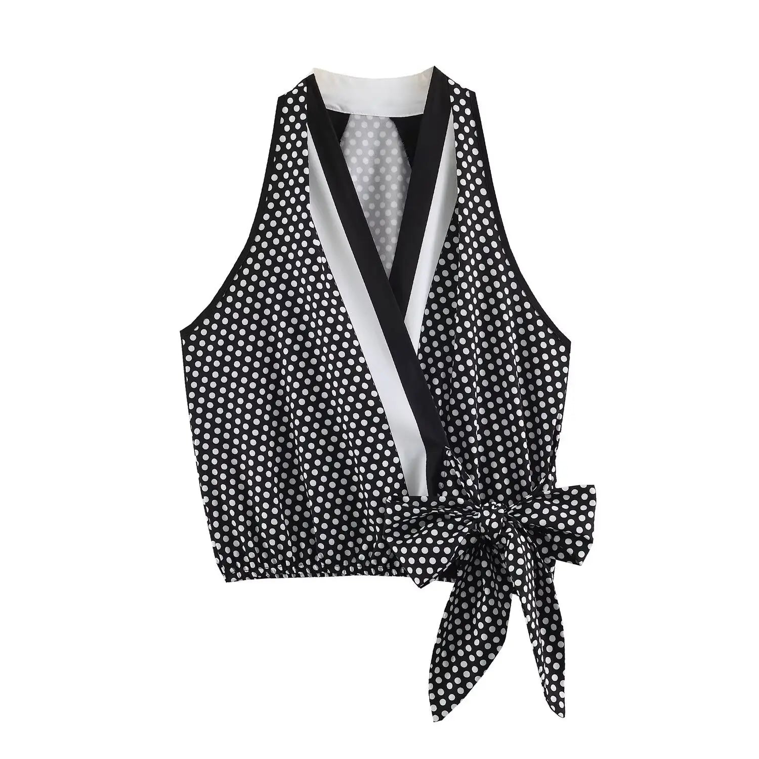 Whole top front flat lay main view, black base white polka dot, halter sleeveless, wrap V neck, side self-fabric tie bow, elastic hem crop fit