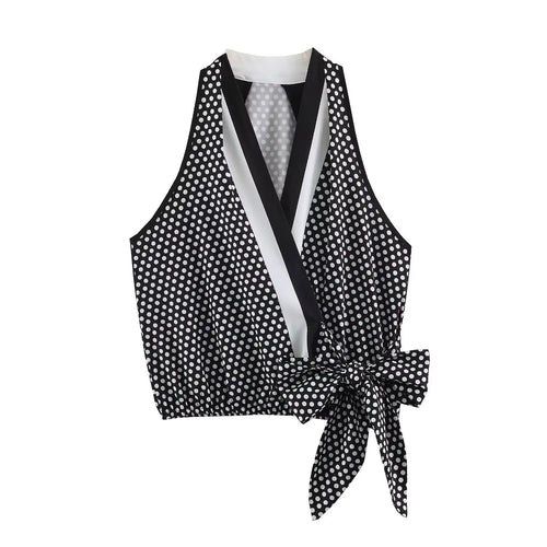 Whole top front flat lay main view, black base white polka dot, halter sleeveless, wrap V neck, side self-fabric tie bow, elastic hem crop fit