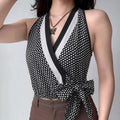 Model front lifestyle shot, halter wrap polka dot crop top, real daily wearing display