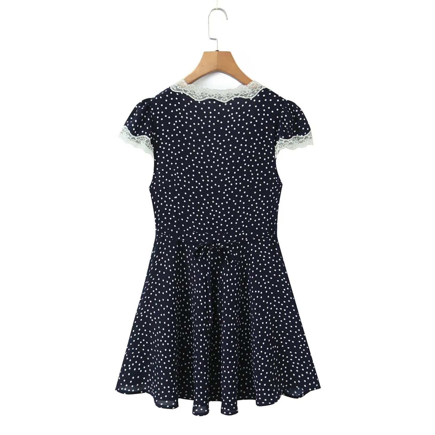 Polka dot mini dress wooden hanger back self tie overview shot, adjustable matching fabric waist tie straight lace back neck zipperless simple back structure display