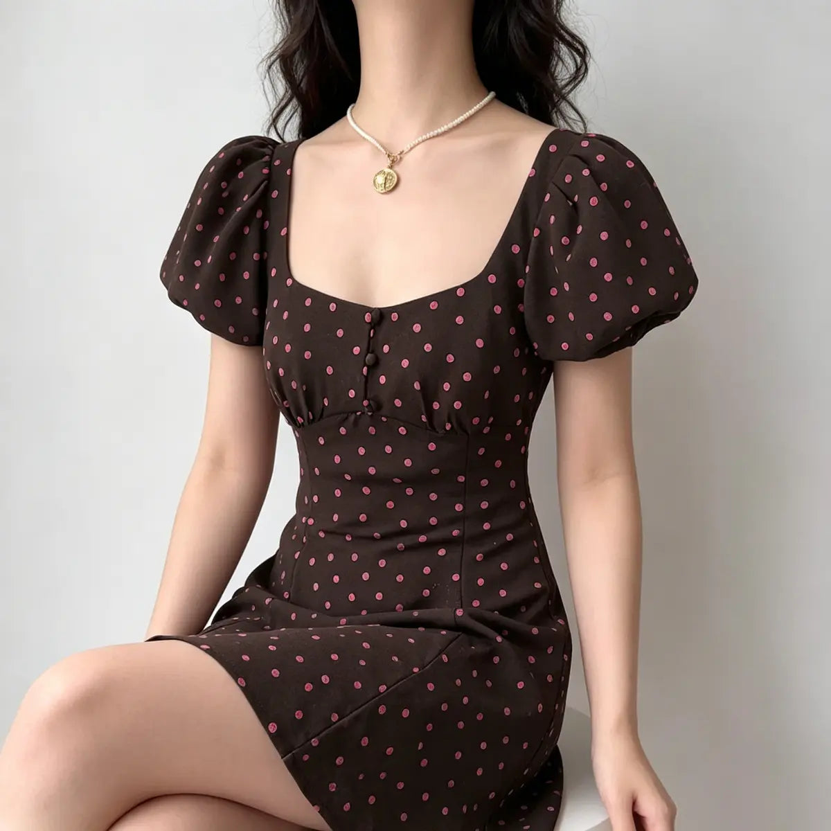 Seated view of a brown and pink polka dot mini dress, showing the puff sleeves, sweetheart-style neckline, and how the fabric drapes naturally.