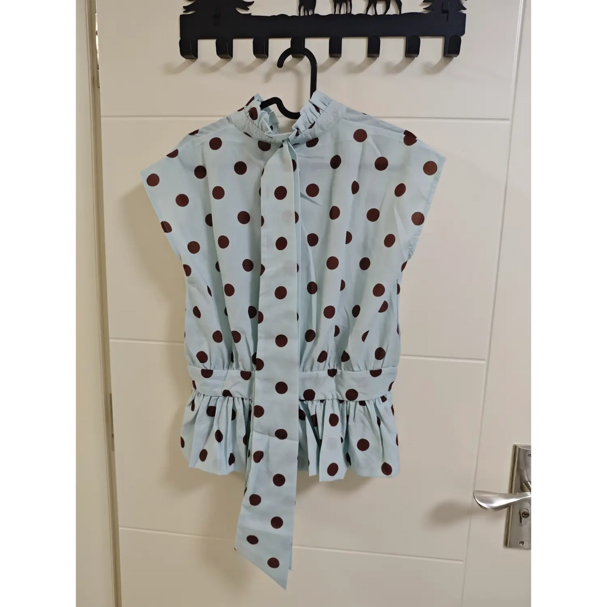 Light blue brown polka dot women blouse, ruffle stand collar with long front tie, cap sleeve and peplum waist