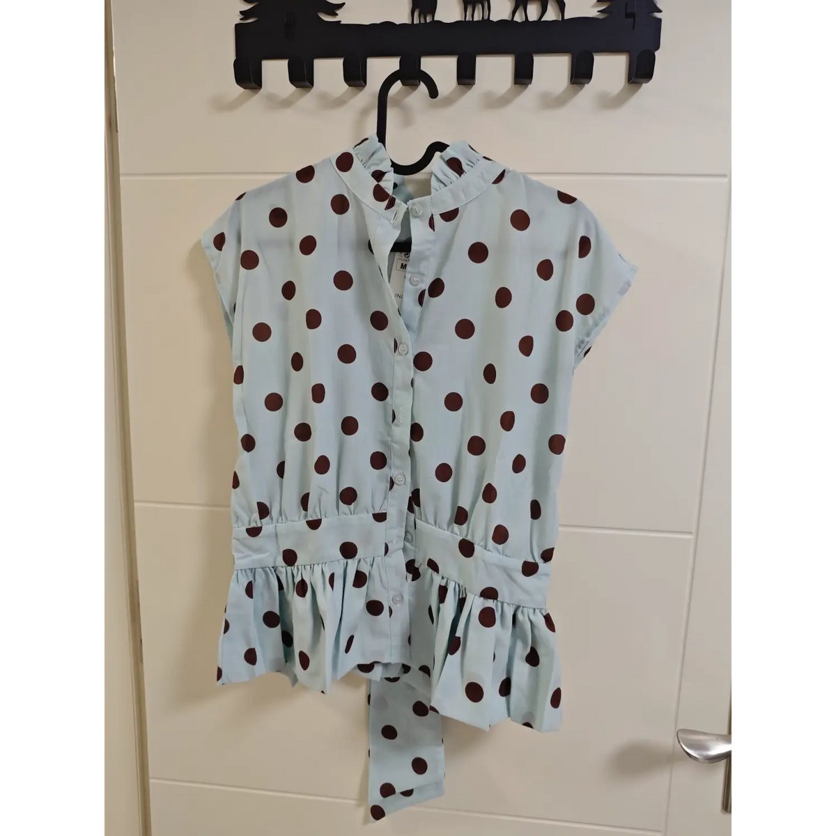 Light blue brown polka dot cap sleeve blouse, front button design, ruffle peplum hem with hanging tie