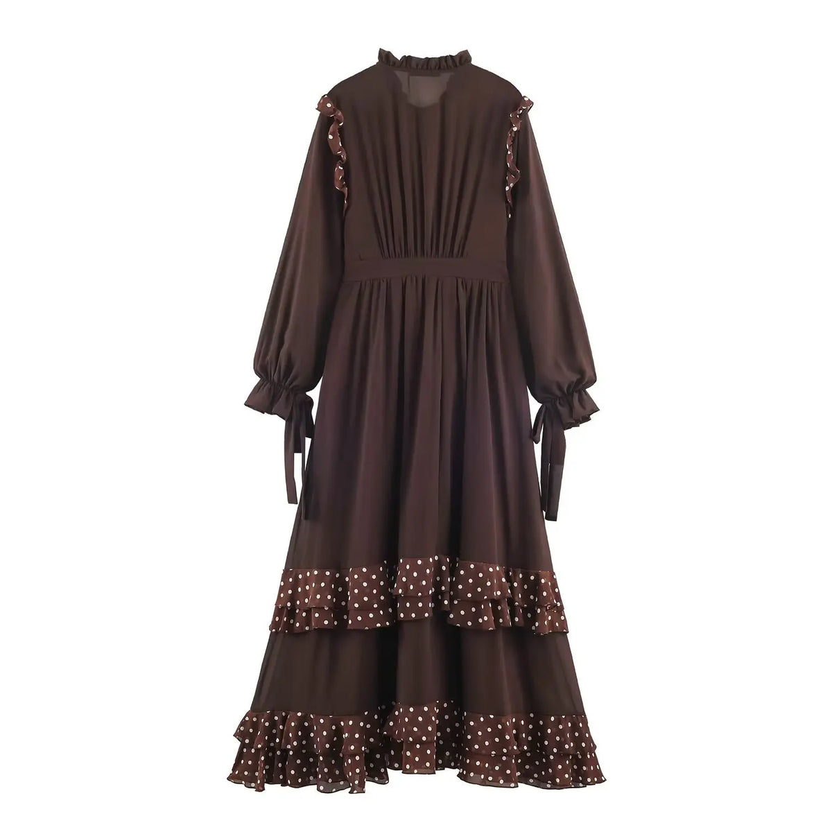 Back flat lay of polka dot tiered maxi dress with back zip