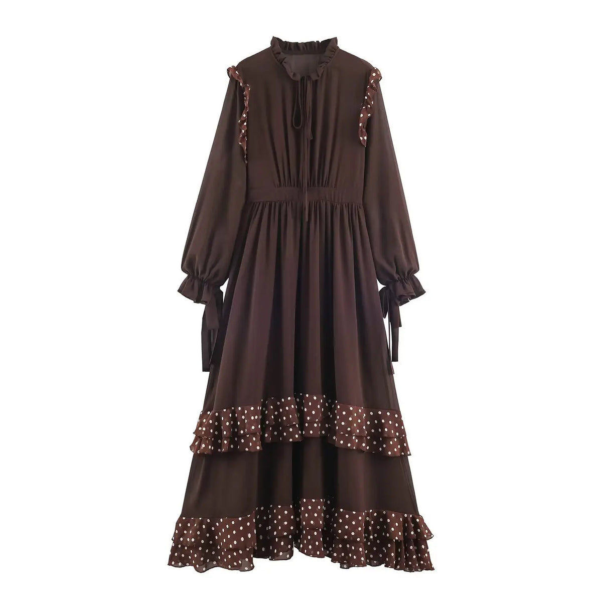 Front flat lay of dark brown polka dot ruffle trim tiered maxi dress