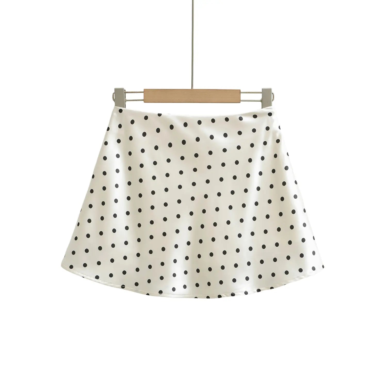 Whole skirt hanging shot, white polka dot silky satin high waist A-line mini skirt on wooden metal hanger