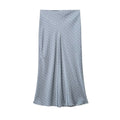 Front flat lay of polka dot satin slip midi skirt