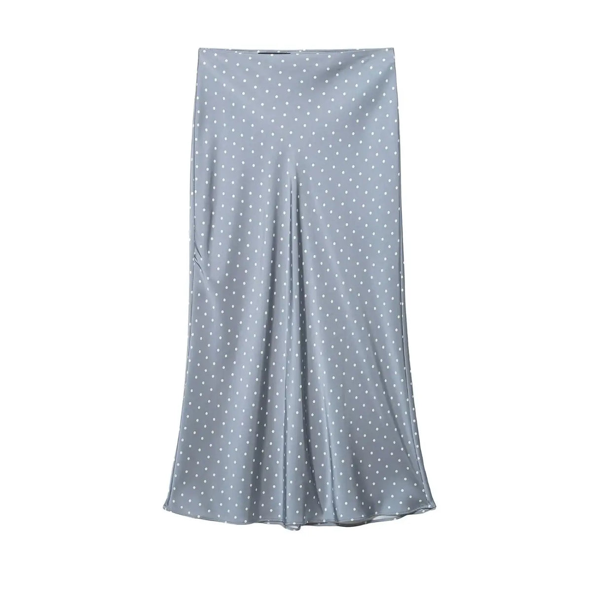 Front flat lay of polka dot satin slip midi skirt