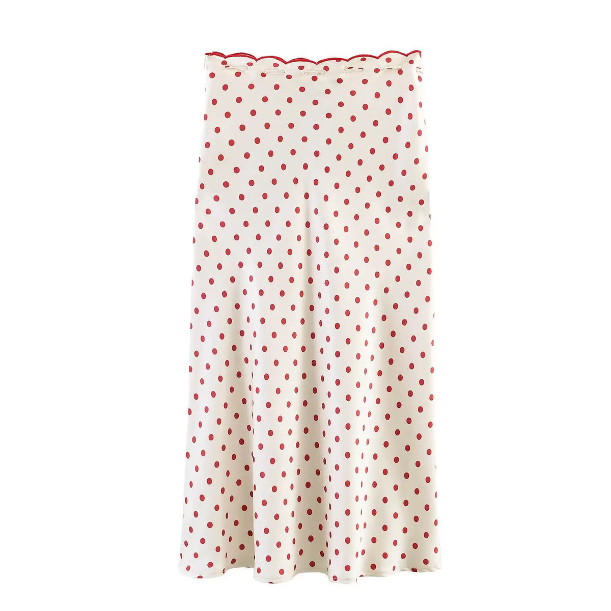 Back flat lay of polka dot scalloped waist satin slip midi skirt