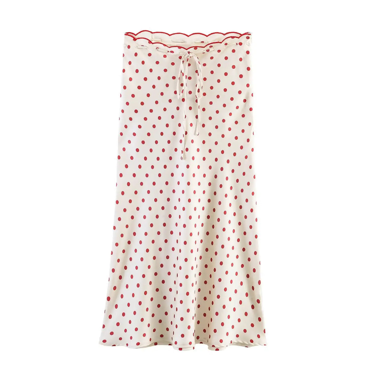 Front flat lay of polka dot scalloped waist satin slip midi skirt