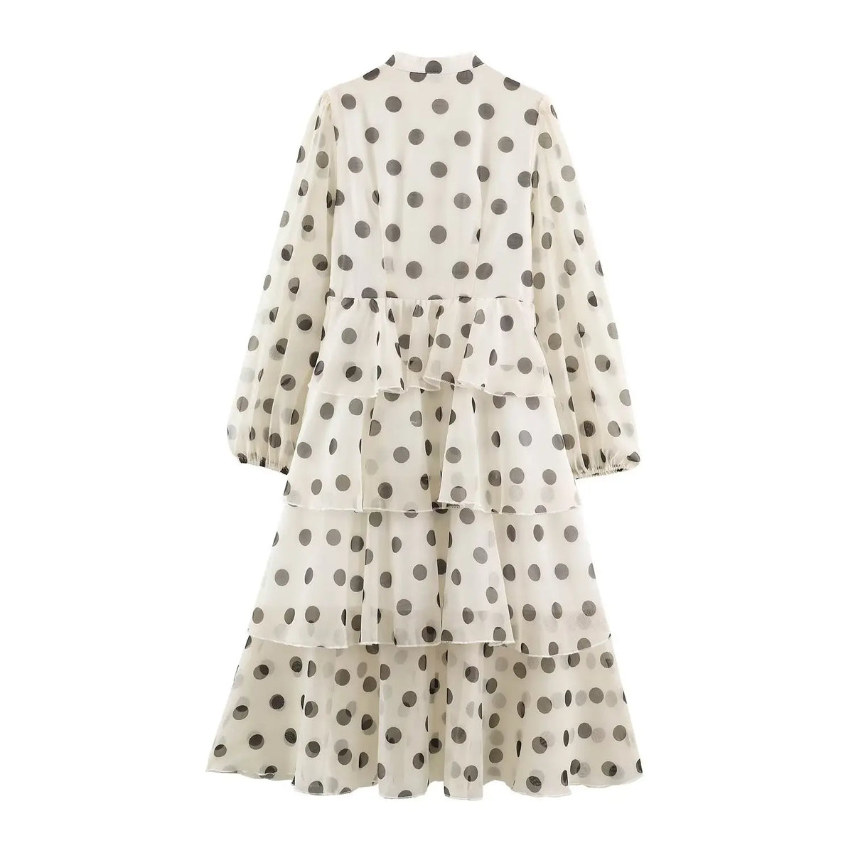 back view of cream polka dot stand collar maxi dress with puff sleeves and tiered skirt on white background