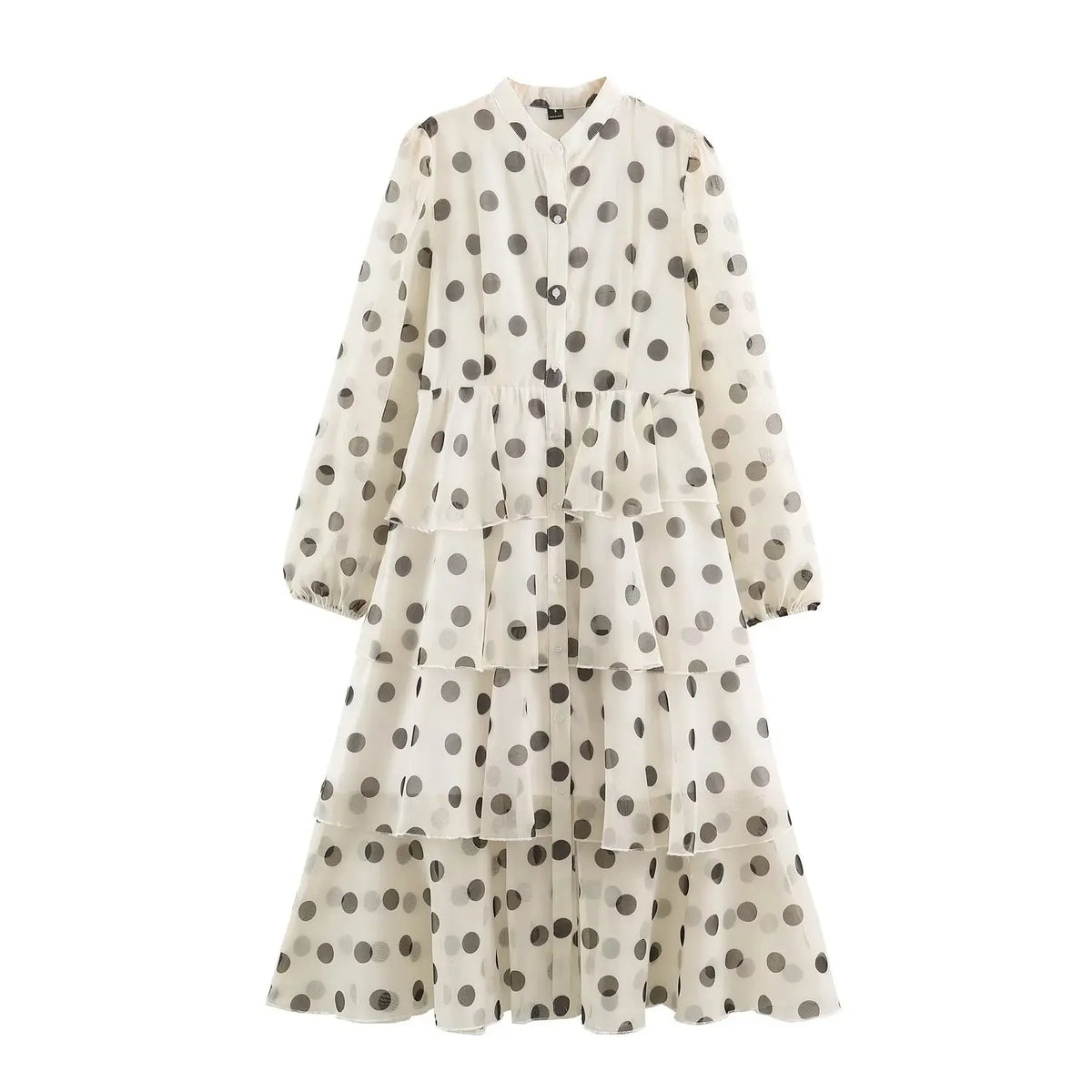 Full look of polka dot maxi dress with stand collar, puff sleeves and layered ruffle skirt