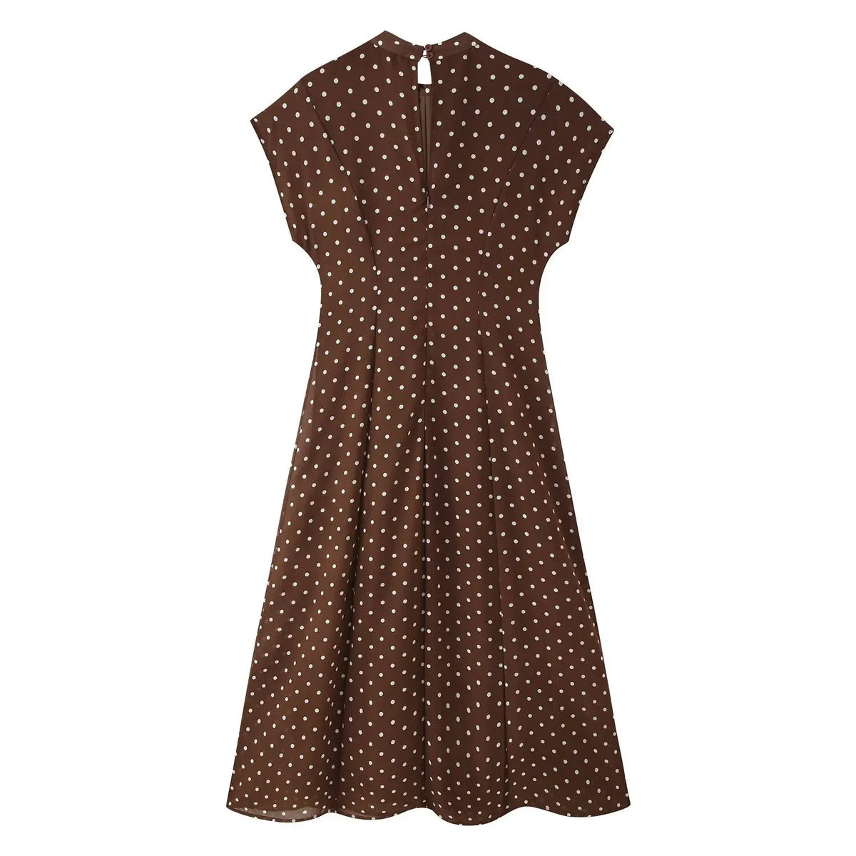 Back flat lay of polka dot tie neck cap sleeve fitted maxi dress