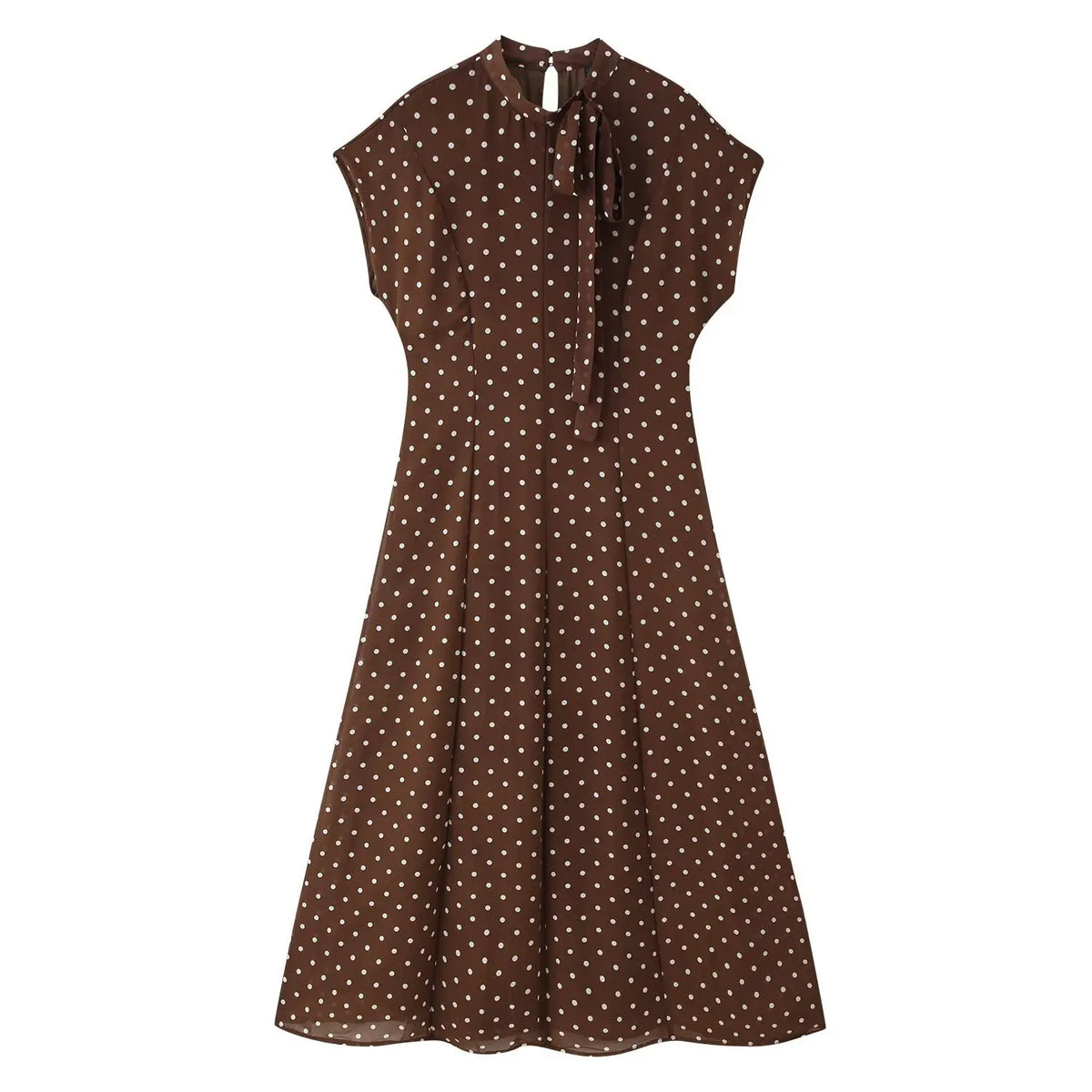 Front flat lay of polka dot tie neck cap sleeve fitted maxi dress