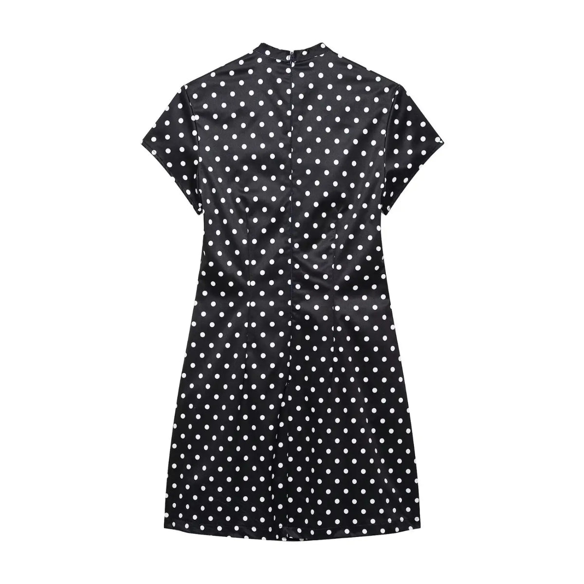 Back flat lay of black polka dot tie neck short sleeve mini dress